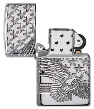 Patriotic Design Windproof Lighter with its lid open and unlit.