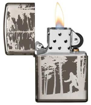 Squatchin' In The Woods Design Windproof Lighter with its lid open and lit.