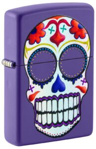 Front shot of Sugar Skull Design Windproof Lighter standing at a 3/4 angle