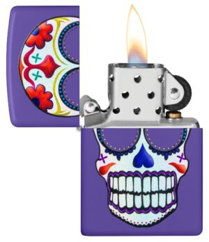 Sugar Skull Design Windproof Lighter with its lid open and lit