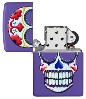 Sugar Skull Design Windproof Lighter with its lid open and unlit
