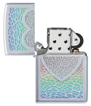 Heart Design Windproof Lighter with its lid open and unlit.