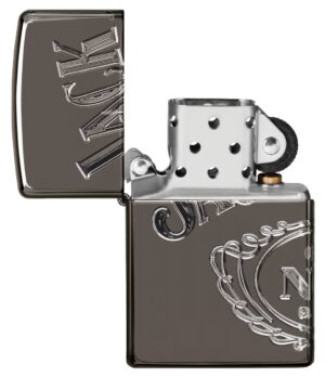 Jack Daniel's® Photo Image 360® Black Ice® Windproof Lighter with its lid open and unlit