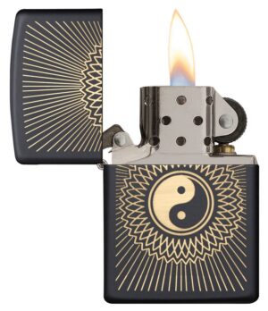Yin & Yang 2 Black Matte Windproof Lighter with its lid open and lit.