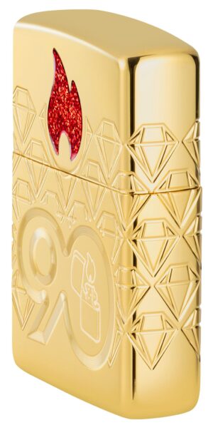 90th Anniversary Collectible of the Year 2022 Gold-Plate Windproof Lighter, standing at an angle showing the front and right side of the lighter