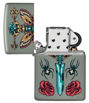 Zippo Gothic Dagger Design Sage Pocket Lighter with its lid open and unlit