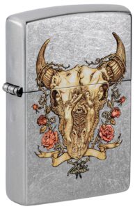 Front shot of Zippo Rick Rietveld Floral Bull Skull Street Chrome Windproof Lighter standing at a 3/4 angle.
