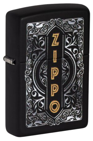 Front shot of Zippo Design Black Matte Windproof Lighter standing at a 3/4 angle.