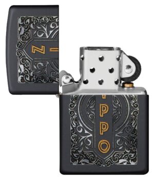 Zippo Design Black Matte Windproof Lighter with its lid open and unlit.