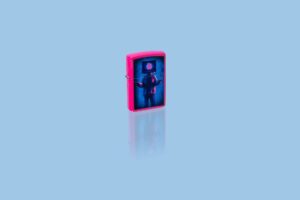 Glamour shot of Zippo Flame TV Man Design Frequency Windproof Lighter standing in a blue scene.