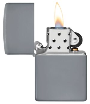Classic Flat Grey Windproof Lighter with its lid open and lit