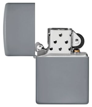 Classic Flat Grey Windproof Lighter with its lid open and unlit