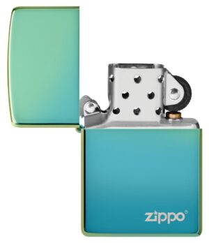 High Polish Teal Zippo Logo windproof lighter with its lid open and not lit
