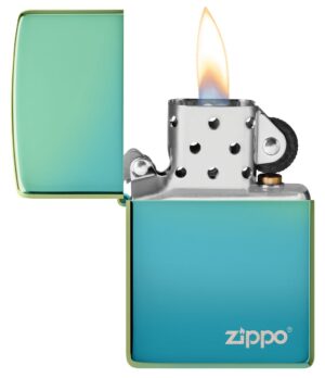 High Polish Teal Zippo Logo windproof lighter with its lid open and lit
