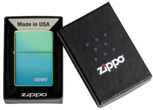 High Polish Teal Zippo Logo windproof lighter in packaging