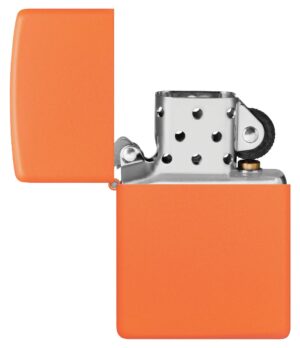 Classic Orange Matte Windproof Lighter with its lid open and unlit