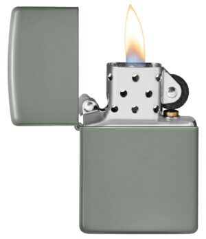 Classic Sage Windproof Lighter with its lid open and lit.