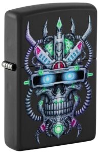 Front shot of Zippo Cyber Skull Design Black Matte Windproof Lighter standing at a 3/4 angle.