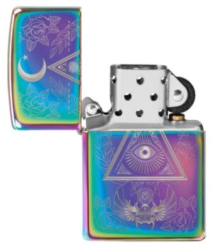 Eye of Providence Design Windproof Lighter with its lid open and unlit