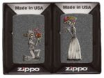 Front view of the Iron Stone Skeleton Husband and Wife Lighters Set of Two in packaging