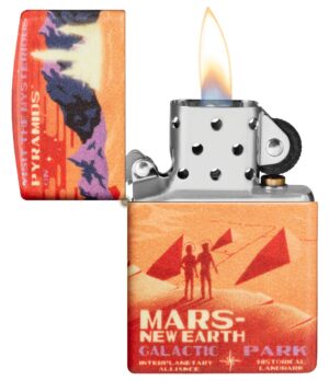 Mars Design Windproof Lighter with its lid open and lit