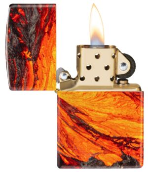 Lava Flow Design Windproof Lighter with its lid open and lit.