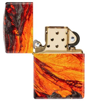 Lava Flow Design Windproof Lighter with its lid open and unlit.