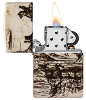 Wild West Scene Design Windproof Lighter with its lid open and lit.