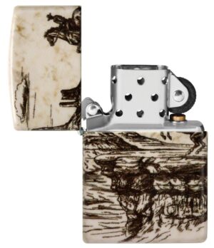 Wild West Scene Design Windproof Lighter with its lid open and unlit.