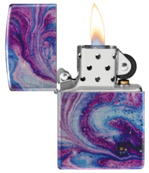 Universe Astro Design Windproof Lighter with its lid open and lit.